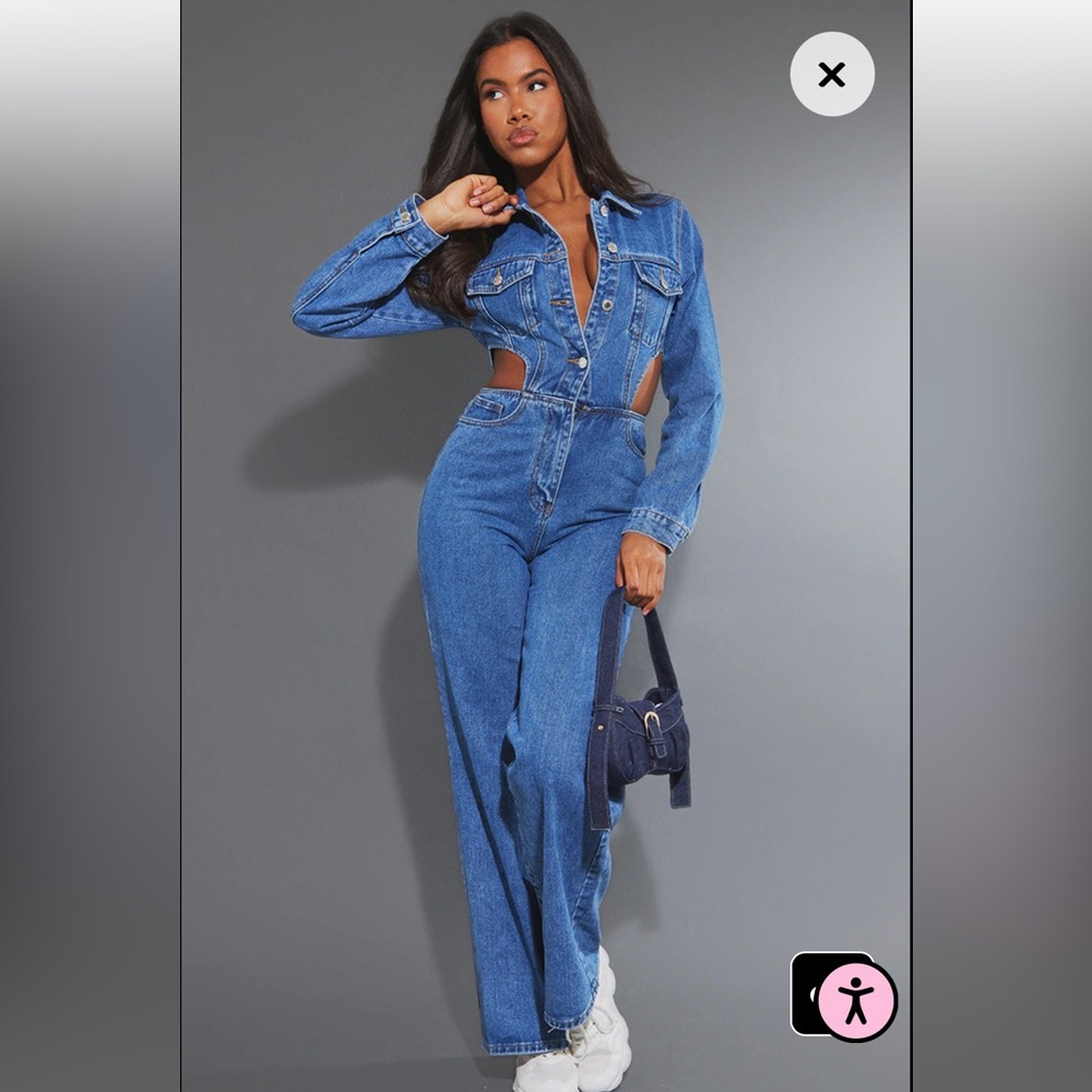 Pretty Little Thing Mid Blue Wash Cut Out Waist Denim Jumpsuit